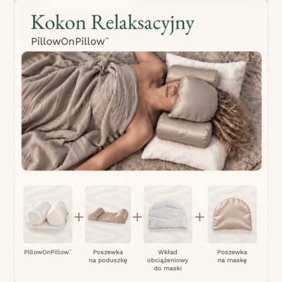 zestaw kokon relaksacyjny poduszka wspomagająca spanie na plecach, maska obciążeniowa do spania PillowOnPillow