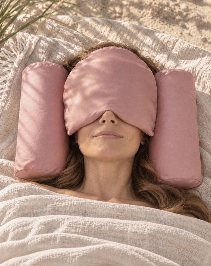 Obciążeniowy kokon sensoryczny na twarz i głowę: kobieta odpoczywająca w Kokonie Relaksacyjnym, poduszka PillowOnPillow i obciążeniowa Maska Sensoryczna w kolorze Pudrowy Róż