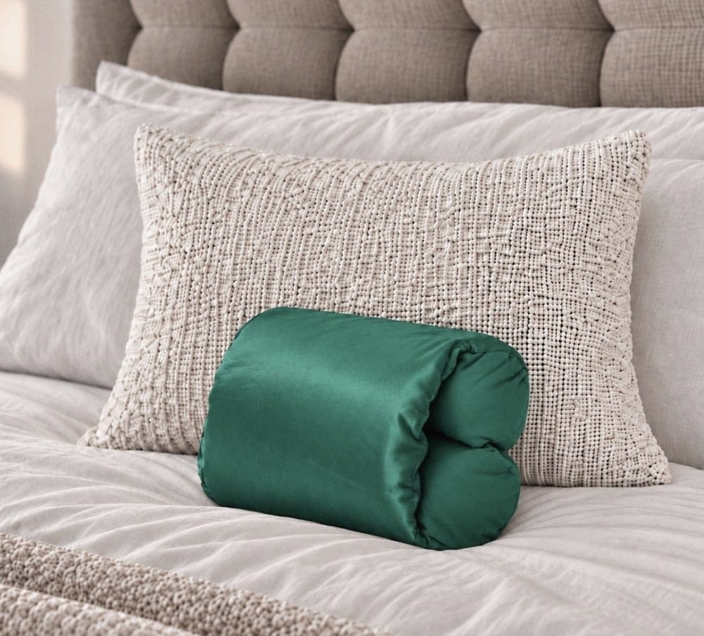 Zwinięta poduszka PillowOnPillow w kolorze Szmaragd na łóżku